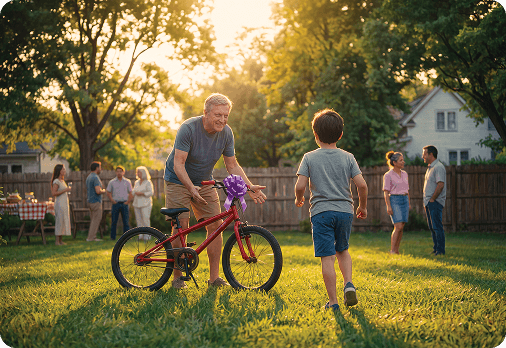 Man gifting his grandson a bike.
