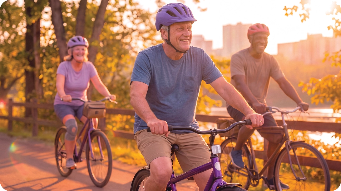 Three adult friends riding bikes.